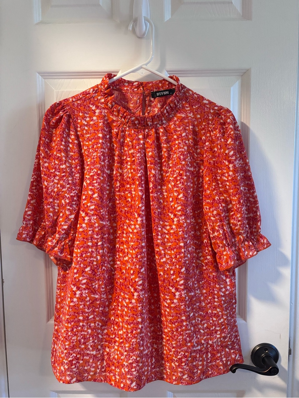 BTFBM Orange-Red Floral Smocked Neck Puff Sleeve Blouse